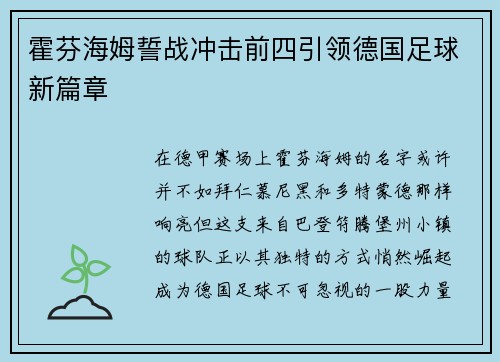 霍芬海姆誓战冲击前四引领德国足球新篇章